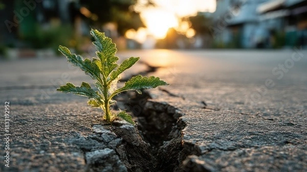 Fototapeta A resilient green plant thrives in a crack in the pavement, with sunlight in background