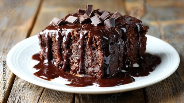 Fototapeta A rich slice of chocolate cake on a white plate, drizzled with glossy chocolate sauce