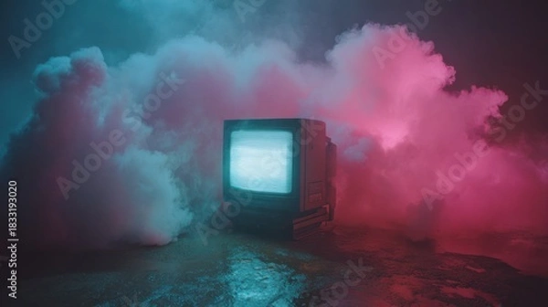 Fototapeta A retro CRT television enveloped by vibrant, illuminated smoke, creating a surreal and atmospheric scene