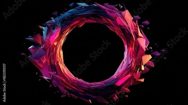 Fototapeta A ring of colorful, fragmented geometric shapes around a black void against a black backdrop