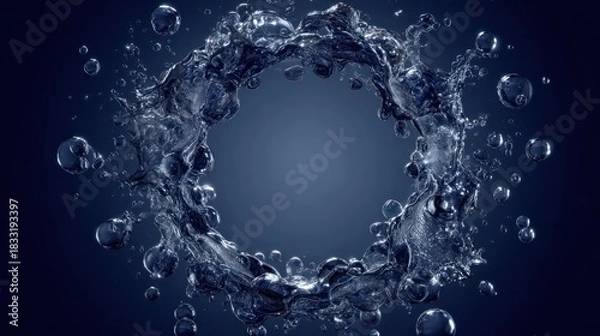 Fototapeta A ring of water, splashing, with drops and droplets, on a deep blue gradient background