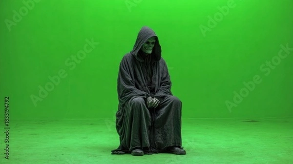 Fototapeta A robed skeleton, hood up, sits solemnly on a chroma key green screen background