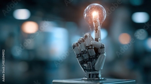 Fototapeta A robotic hand holding a glowing lightbulb, suggesting innovation and creative ideas