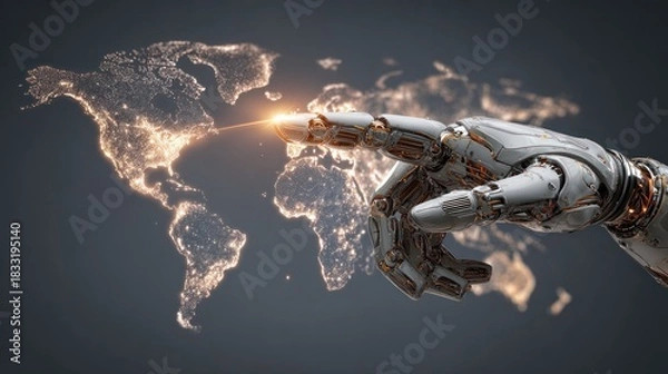 Fototapeta A robotic hand touches a map of the world, illuminated with city lights on a dark background