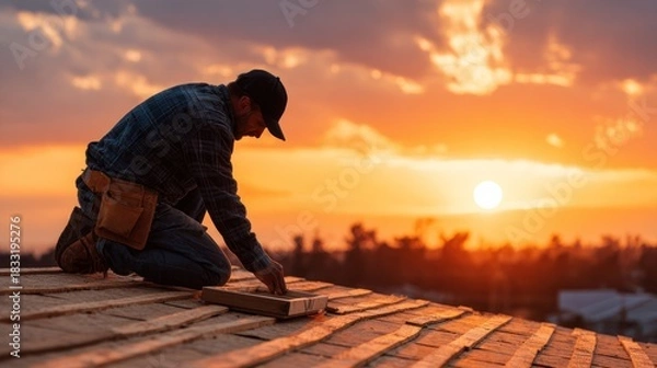 Fototapeta A roofer works on a rooftop during a sunset with warm hues and a soft focus