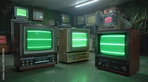 Fototapeta A room filled with vintage, boxy television sets, many with green horizontal lines across screens