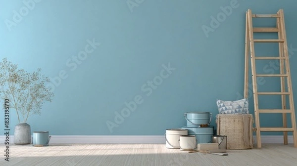 Fototapeta A room refresh featuring paint cans, a ladder, and decorative items