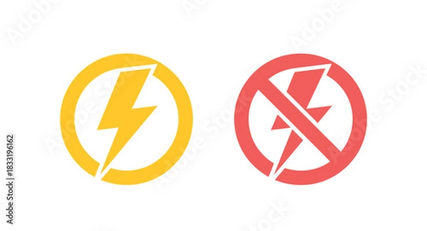 Obraz Two circular icons, one with a yellow lightning bolt indicating power, and the other with a red lightning bolt crossed out, signifying no power.