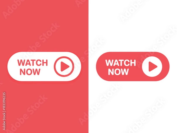 Obraz Two different styles of "Watch Now" buttons with a play icon are displayed on a split red and white background.