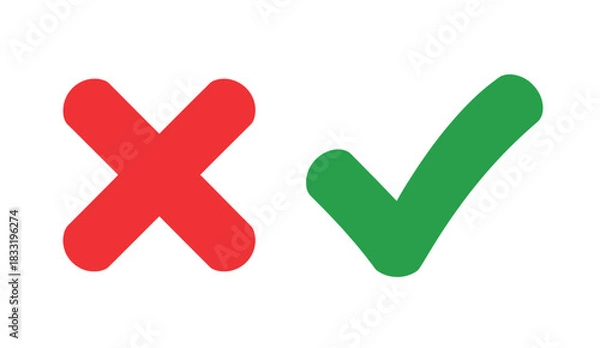 Obraz A red cross symbol and a green checkmark symbol placed side by side on a white background.