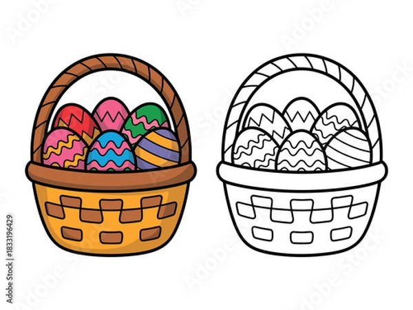 Obraz Two Easter baskets filled with colorful, decorated eggs, one colored and one for coloring.