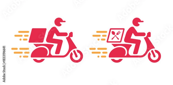 Obraz A red icon depicts a person riding a scooter, signifying fast delivery services, with motion lines indicating speed.
