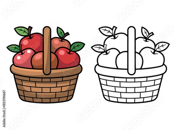 Obraz A woven basket overflowing with ripe red apples is presented alongside its black and white outline for coloring.