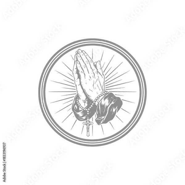 Fototapeta Praying Hands with Rosary and Cross Line Art Illustration