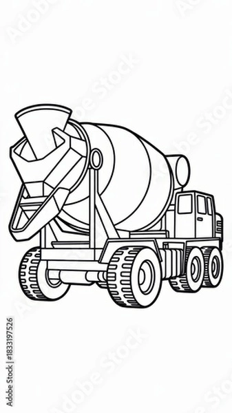 Fototapeta Children’s concrete mixer coloring page featuring a large cement truck with a rotating drum, cabin and big wheels. Thin black outline with simple contours and many interior mechanical details.