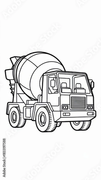 Fototapeta Children’s concrete mixer coloring page featuring a large cement truck with a rotating drum, cabin and big wheels. Thin black outline with simple contours and many interior mechanical details.