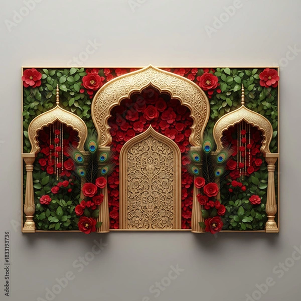 Obraz Elaborate Golden Archway with Red Roses and Peacock Feathers greenery isolated on a transparent background