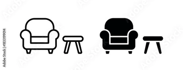 Obraz Two iconic chairs with small tables, one outlined and one filled in.