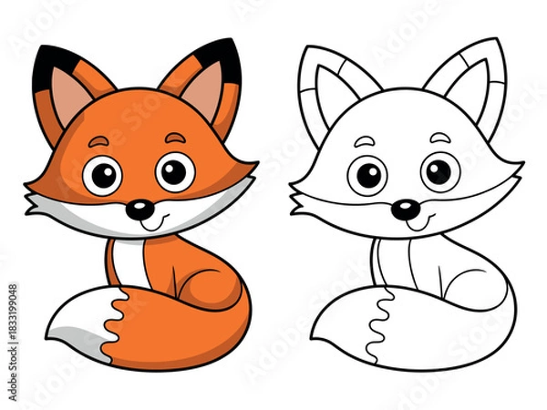 Obraz A cute cartoon fox is shown next to a coloring book outline of the same fox.