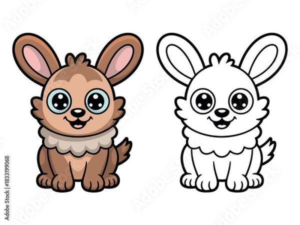 Obraz Two cute cartoon bunnies, one colored and one for coloring.