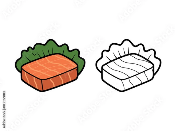 Obraz Two slices of salmon sashimi, one colored and one outlined, on lettuce.