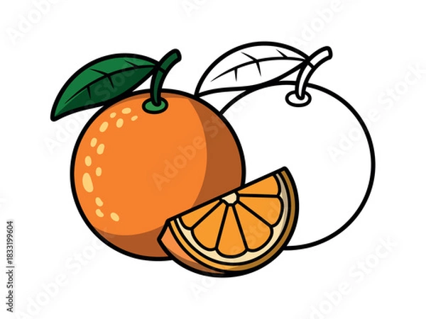 Obraz An orange with a slice and an outline of another orange with a leaf