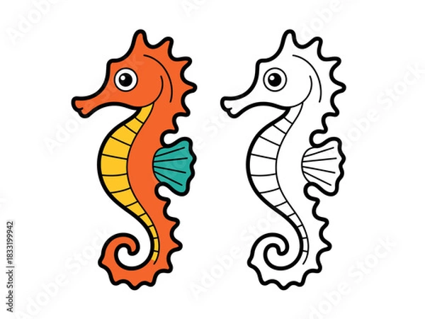 Obraz Colorful seahorse illustration next to a black and white outline for coloring.