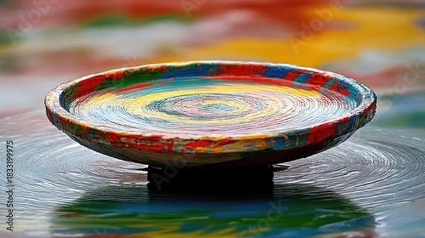Fototapeta Vibrant, Textured Wooden Bowl Floating on Rippling Water with Colorful Reflections