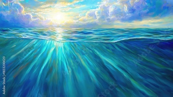 Fototapeta Where Heaven Meets the Deep: A Luminous Split-View Seascape Painting