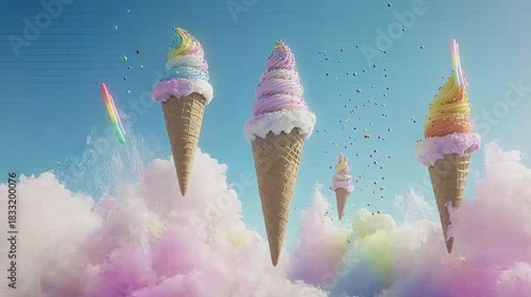 Fototapeta Whimsical Floating Ice Cream Cones with Sprinkles, Cotton Candy Sky.