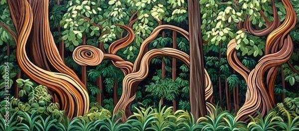 Fototapeta Whimsical Forest Scene with Twisted, Striped Tree Trunks and Lush Green Foliage