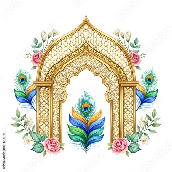 Obraz Golden Archway with Peacock Feathers and Roses graphic design isolated on a transparent background