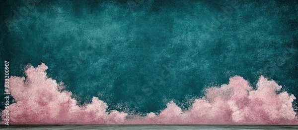 Fototapeta Abstract Pink Clouds Against Teal Textured Background, Artistic Composition.