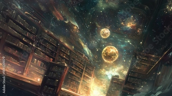 Fototapeta Celestial Athenaeum: A Grand Library Ascending into a Starry Cosmos with Glowing Planets.