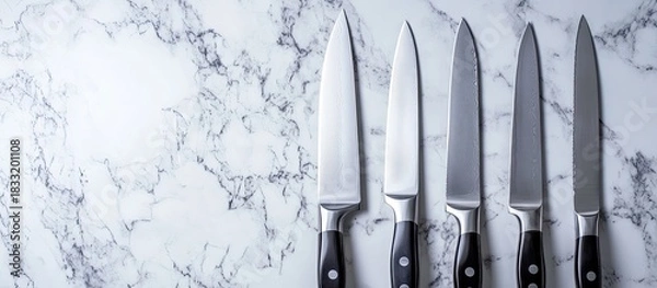 Fototapeta Chef's Knives Arrayed on Marble: Culinary Tools, Sharp Blades, Kitchenware.