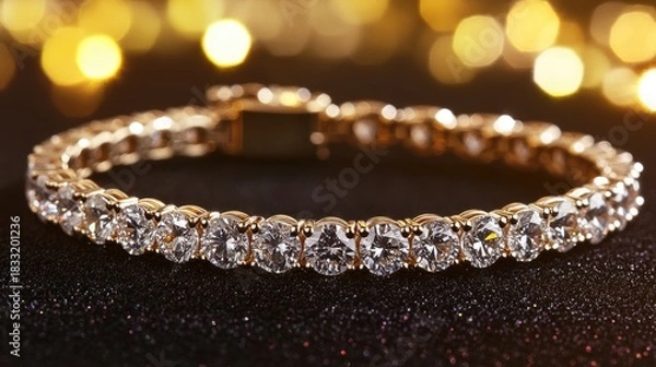Fototapeta Dazzling Diamond Bracelet: Golden Setting, Sparkling Gems on Glittering Black Surface with Bokeh Lights