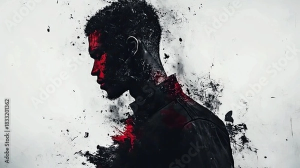 Fototapeta Dramatic Silhouette Portrait with Red Accents, Abstract Splatter, and Intense Mood.