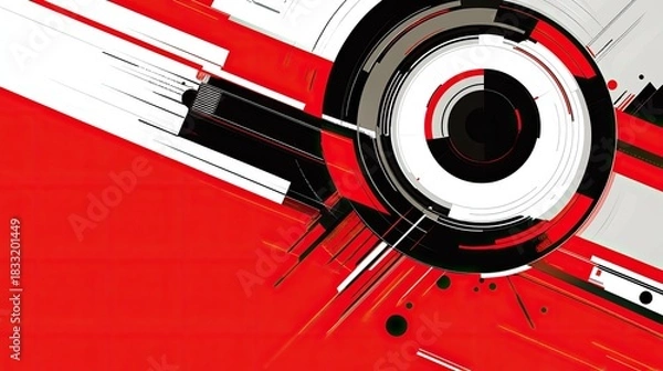 Fototapeta Dynamic Abstract Composition: Red, Black, White, and Grey Geometric Forms with Radial and Linear Elements