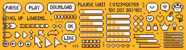 Fototapeta Pixel yellow set of loading bars and game elements. Arrows, speech bubbles, percentages, heart.