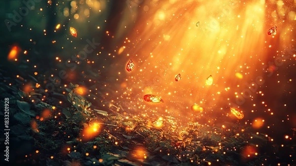Fototapeta Enchanted Forest Floor Aglow with Magical Fireflies and Luminescent Butterflies