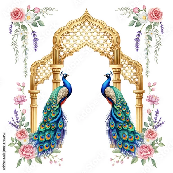 Obraz Golden Archway with Two Peacocks and Floral Embellishments on White roses lavender isolated on a transparent background