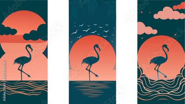 Fototapeta Charming flamingo silhouettes at sunset create a tropical paradise vibe, perfect for travel blogs, vacation promos, or adding a touch of summer to any design