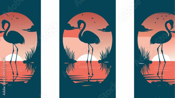 Fototapeta Elegant flamingo silhouette at sunset, creating a serene and calming tropical vibe, perfect for travel posters, nature blogs, and sophisticated designs