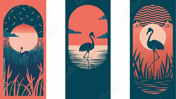 Fototapeta Elegant flamingo silhouettes at sunset, tranquil nature scenes in modern minimalist style, perfect for branding, posters, or calming wall art prints