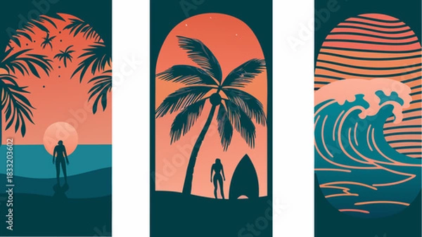 Fototapeta Serene beach vibe artwork showcasing three tropical scenes with surfers, palm trees, and waves, embodying relaxation and adventure with warm sunset tones