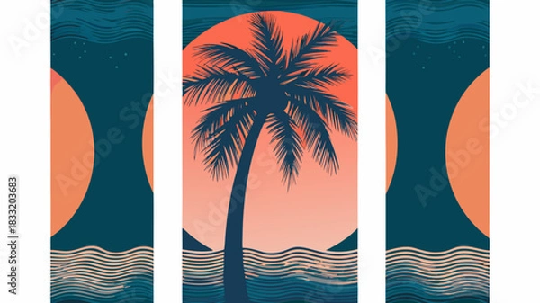 Fototapeta Tropical escape featuring a stylized palm tree against a vibrant sunset and ocean waves, perfect for summer vibes and relaxing vacation themes