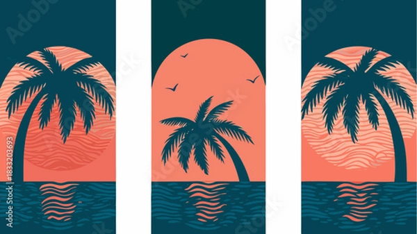 Fototapeta Dreamy tropical sunset with palm trees and ocean waves, perfect for summer vibes and vacation getaways, originally a scalable vector graphic