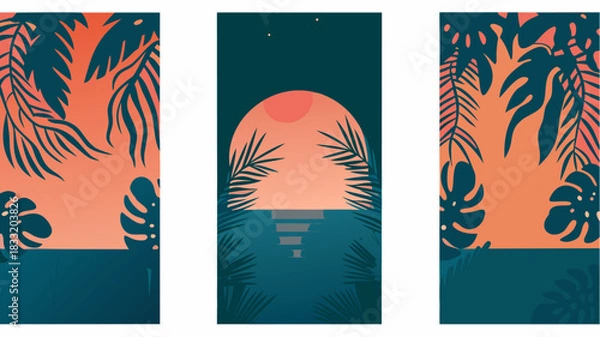 Fototapeta Tropical sunset triptych, a serene escape to paradise with palm leaves framing ocean horizon, ideal for travel posters, vibrant summer promotions, relaxing vacation vibes