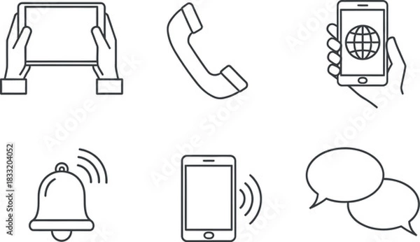 Fototapeta Digital communication icons: devices, calls, messages, notifications.