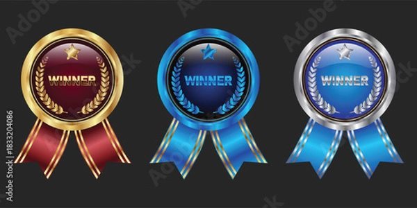 Fototapeta Winner Award Badge Set in Gold, Royal Blue, and Silver with Glossy Star and Laurel Wreath Ribbon Design Vector